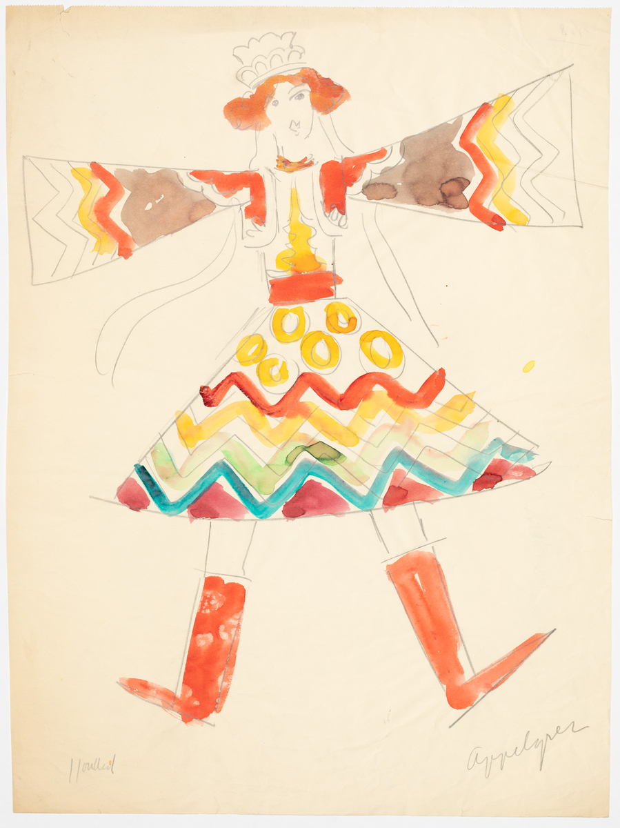 Kvinna i mångfärgad klänning och en [ ] med rött kantat liv och vida ärmar. Kring midjan bär hon ett rött bälte. Kjolen är knäkort och vid nertill. Den är mönstrad med gula ringar upptill och zig-zag ränder i olika färger nertill. Liknande ränder återkommer på ärmarna. Kvinnan bär krona på sitt tunnlockiga hår samt bär svarta stövlar. Hör sannolikt samman med DTM 1989-0042, 0043, 0044.
