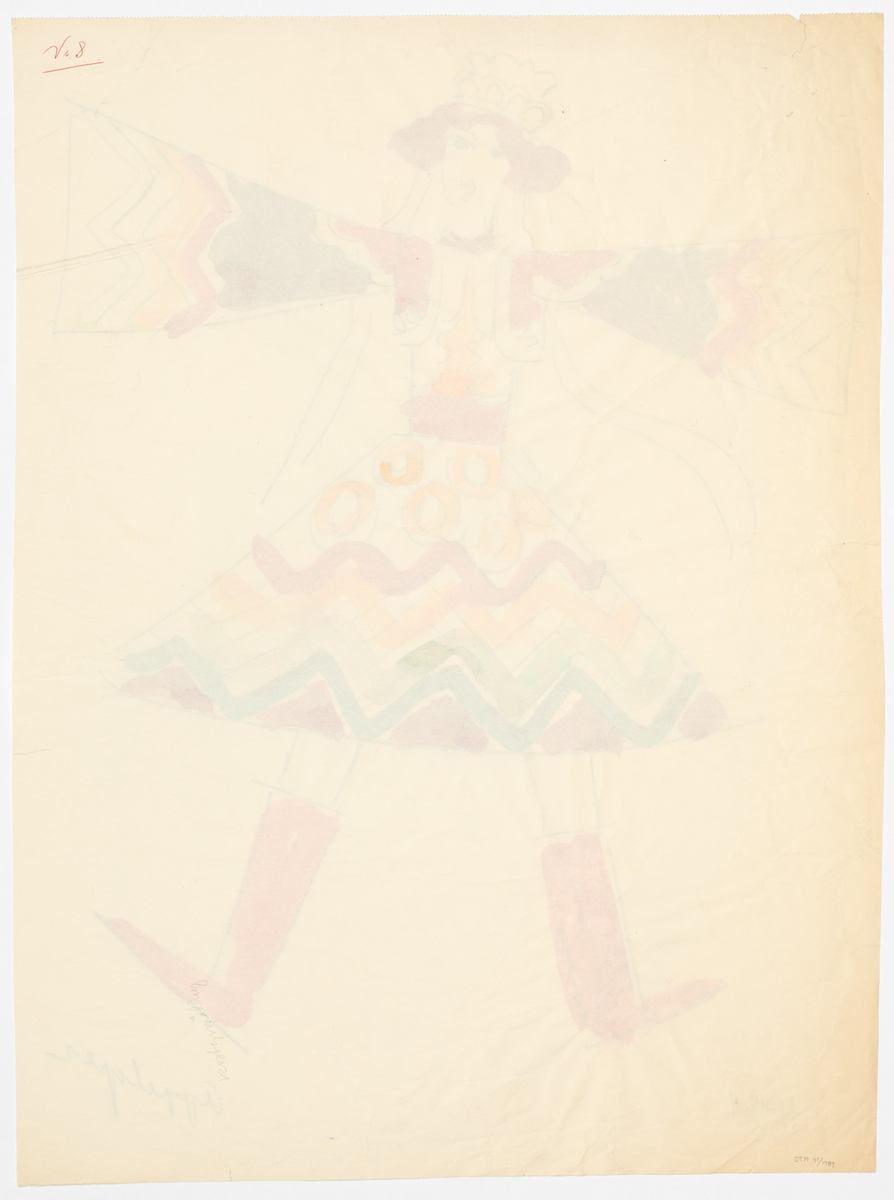 Kvinna i mångfärgad klänning och en [ ] med rött kantat liv och vida ärmar. Kring midjan bär hon ett rött bälte. Kjolen är knäkort och vid nertill. Den är mönstrad med gula ringar upptill och zig-zag ränder i olika färger nertill. Liknande ränder återkommer på ärmarna. Kvinnan bär krona på sitt tunnlockiga hår samt bär svarta stövlar. Hör sannolikt samman med DTM 1989-0042, 0043, 0044.
