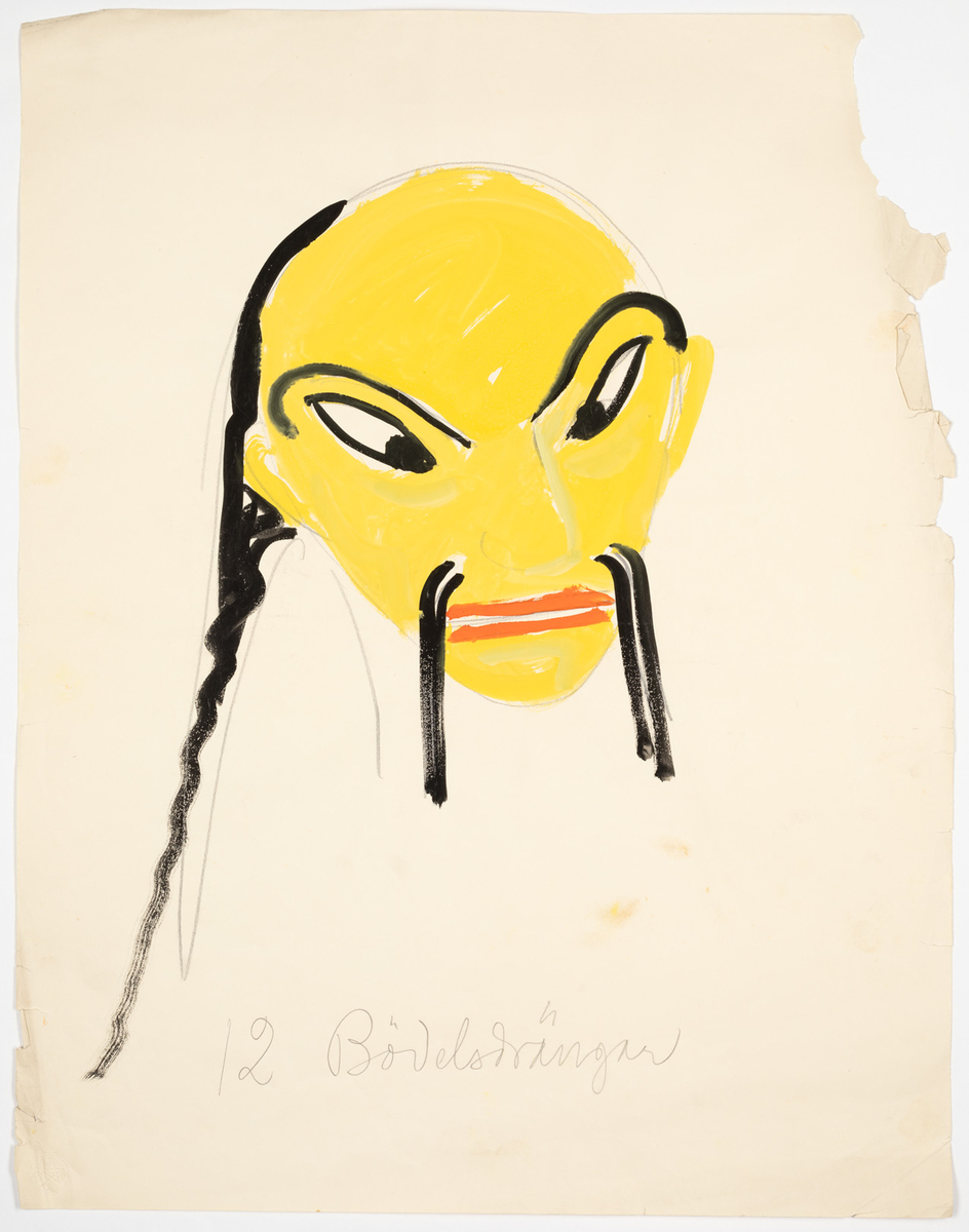 Kolorerad maskskiss till Bödelsdrängar. Mansansikte i gult och rött med långt hängande mustasch och flätat hår i svart. 