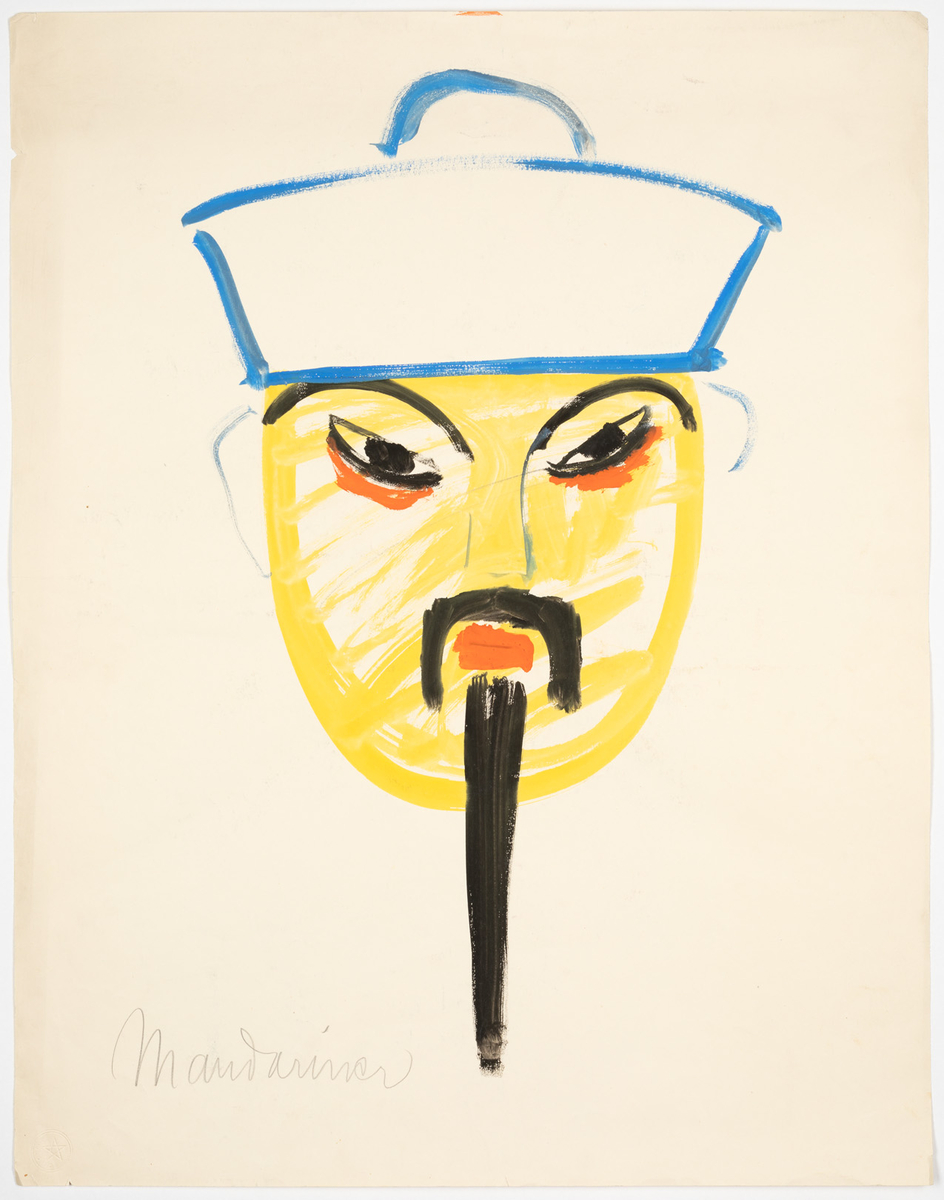 Kolorerad maskskiss till karaktären En mandarin. Mansansikte i gult och rött med liten hängande mustasch och pipskägg i svart. Hatt och öron tecknade med blå kontur.
