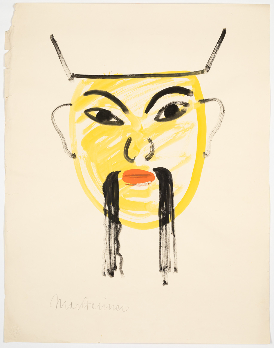 Kolorerad maskskiss till karaktären En mandarin. Mansansikte i gult och rött med lång hängande mustasch. Nederdelen av en hatt samt öronen tecknade med svarta konturer. 
