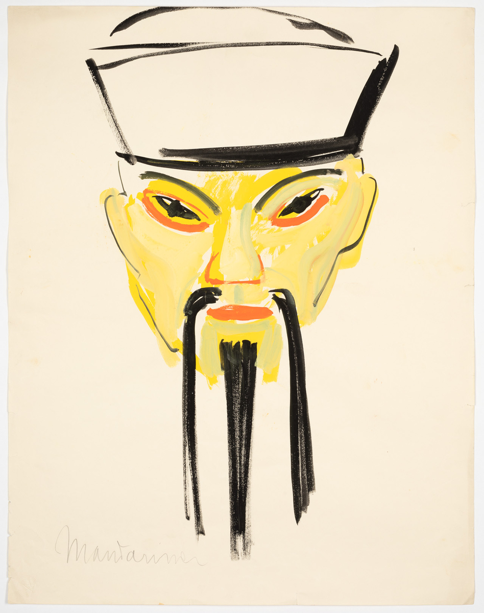 Kolorerad maskskiss till karaktären En mandarin. Mansansikte i gult och rött med lång hängande mustasch och pipskägg. På huvudet en hatt tecknad med svarta konturer.
