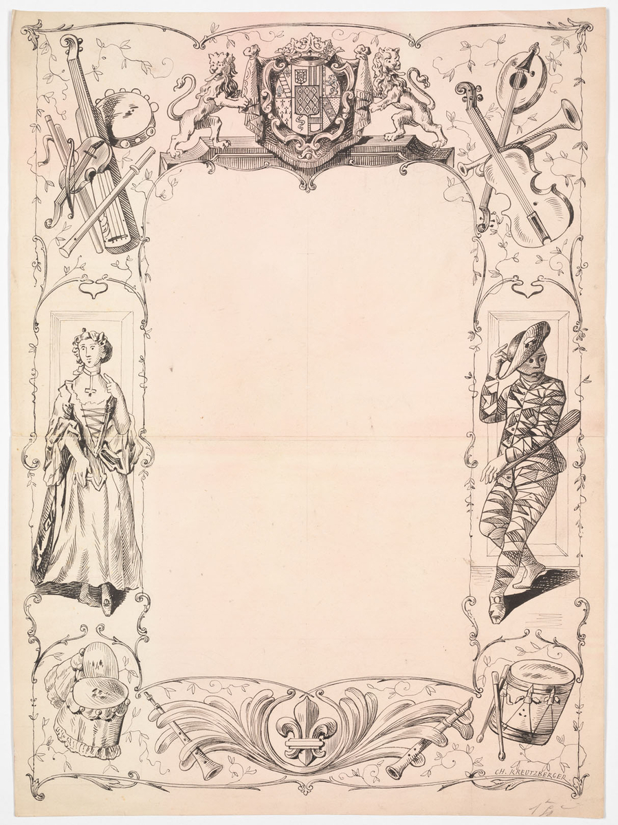 Ritad ram bestående av instrument. Till vänster en kvinna iklädd klänning med snörat liv och till höger en harlekinfigur. Upptill i mitten ses en sköld med ett lejon på vardera sida. 
