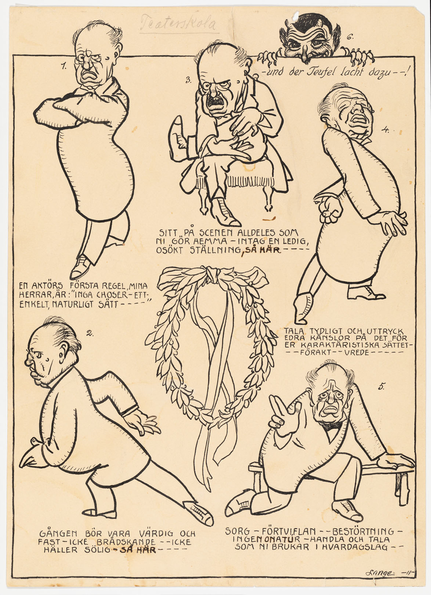 En och samma man, i helfigur, som intar fem olika dramatiska poser. En stående med armarna i kors, en gående i profil, en sittande med benen i kors, en stående i vriden ställning samt en sittande på bänk. I mitten en krans med rosett och längst upp till höger syns en djävul som kikar fram.
