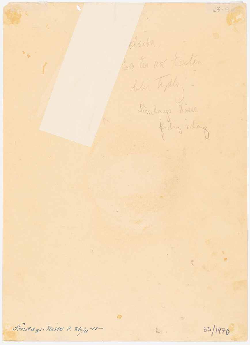 En och samma man, i helfigur, som intar fem olika dramatiska poser. En stående med armarna i kors, en gående i profil, en sittande med benen i kors, en stående i vriden ställning samt en sittande på bänk. I mitten en krans med rosett och längst upp till höger syns en djävul som kikar fram.
