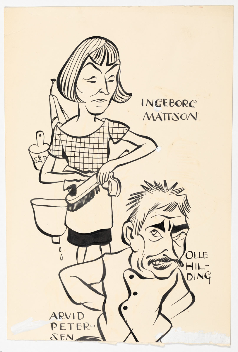 Karikatyrer av tre namngivna skådespelare, en kvinna och två män.
