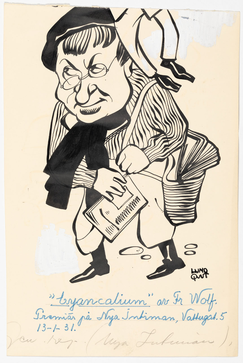 Karikatyrer av tre namngivna skådespelare, en kvinna och två män.
