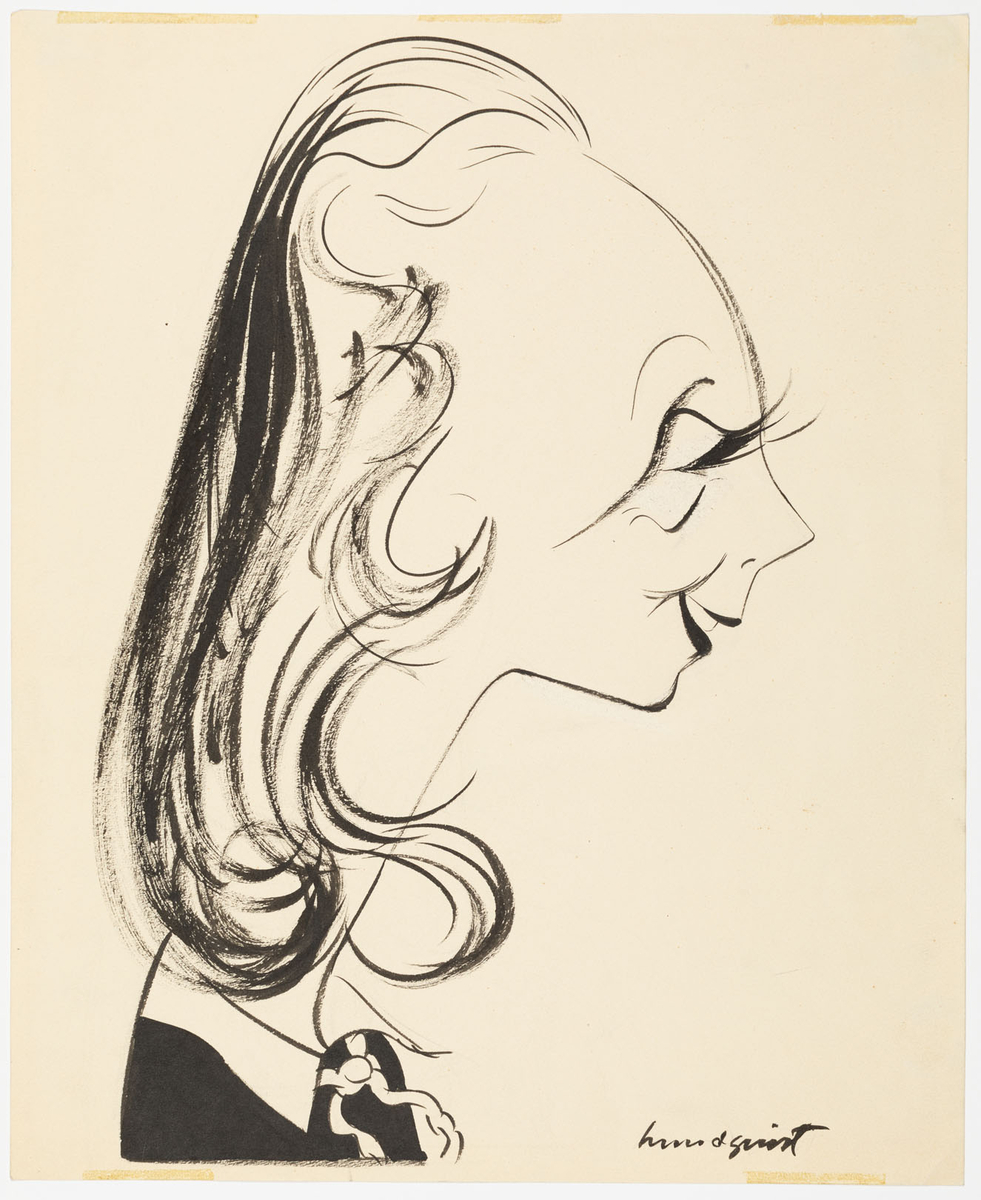 Kvinnohuvud i profil till höger. Hon har halvlångt lockigt hår, lång hals, långa ögonfransar, spetsig näsa samt liten haka.
