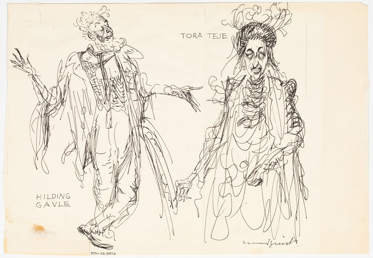 Till vänster äldre man med skägg i teatralisk pose. Han är klädd i en slarvigt och illasittande kostym. Till höger höftbild av kvinna sedd framifrån. Hon har en vild uppsyn och slarvigt uppsatt frisyr med plymer. Skisserna är tecknade på påklistrade pappersbitar.
