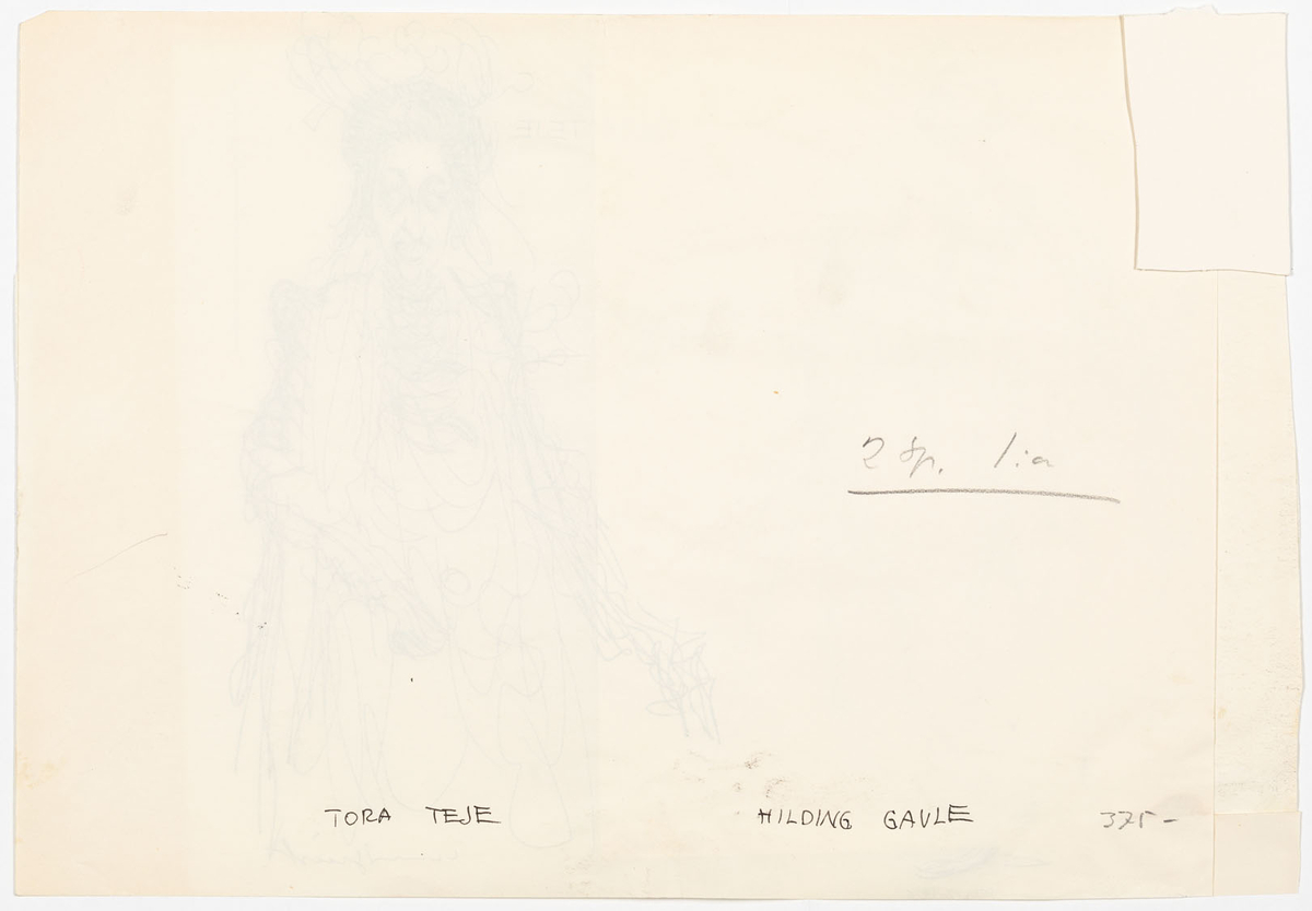 Till vänster äldre man med skägg i teatralisk pose. Han är klädd i en slarvigt och illasittande kostym. Till höger höftbild av kvinna sedd framifrån. Hon har en vild uppsyn och slarvigt uppsatt frisyr med plymer. Skisserna är tecknade på påklistrade pappersbitar.
