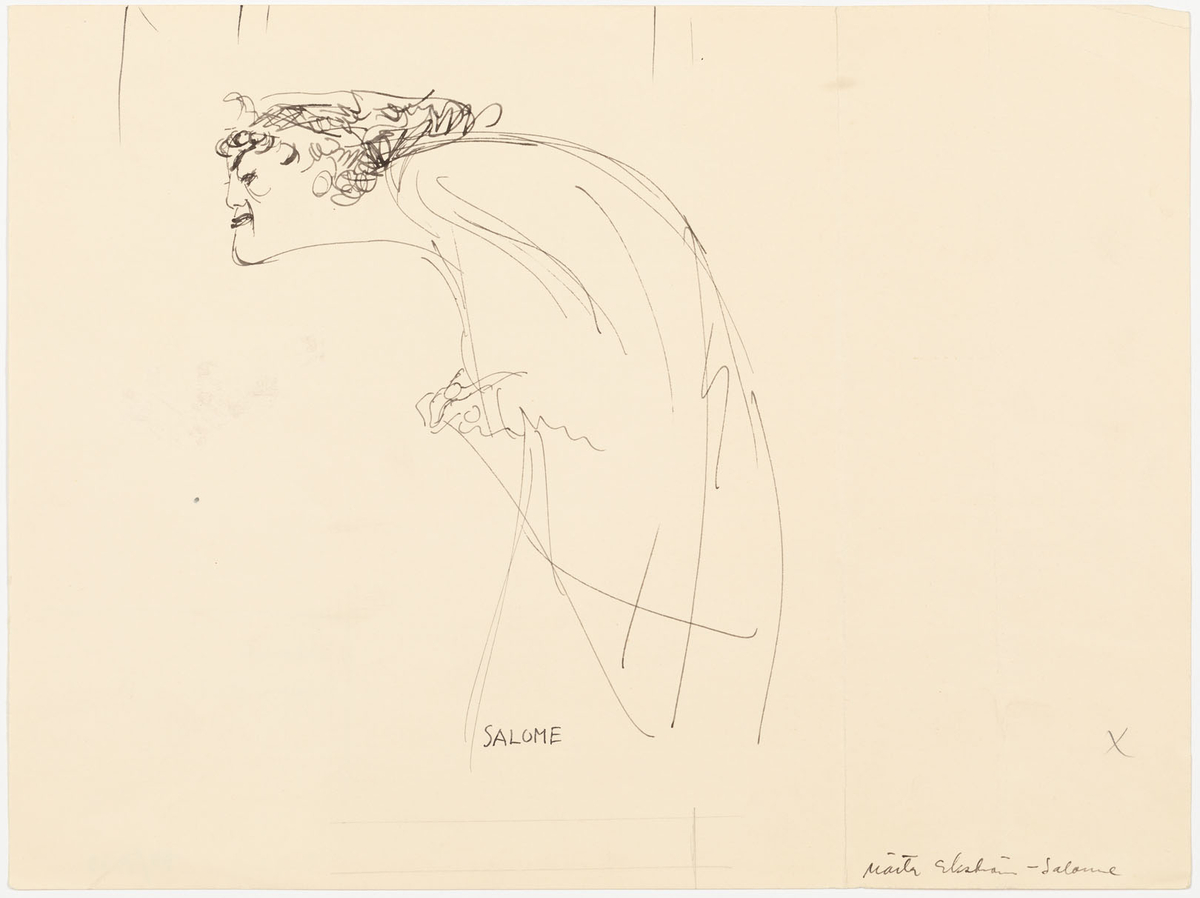 En framåtböjd kvinna iklädd lång klänning. 
