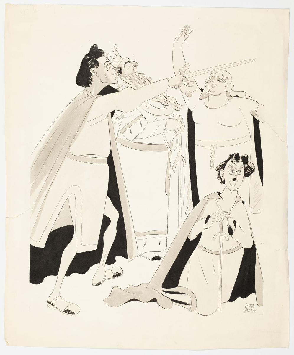 Fyra personer i medeltids-inspirerade dräkter. Männen bär mantlar och har svärd. Kvinnan ser ut som en valkyria.
