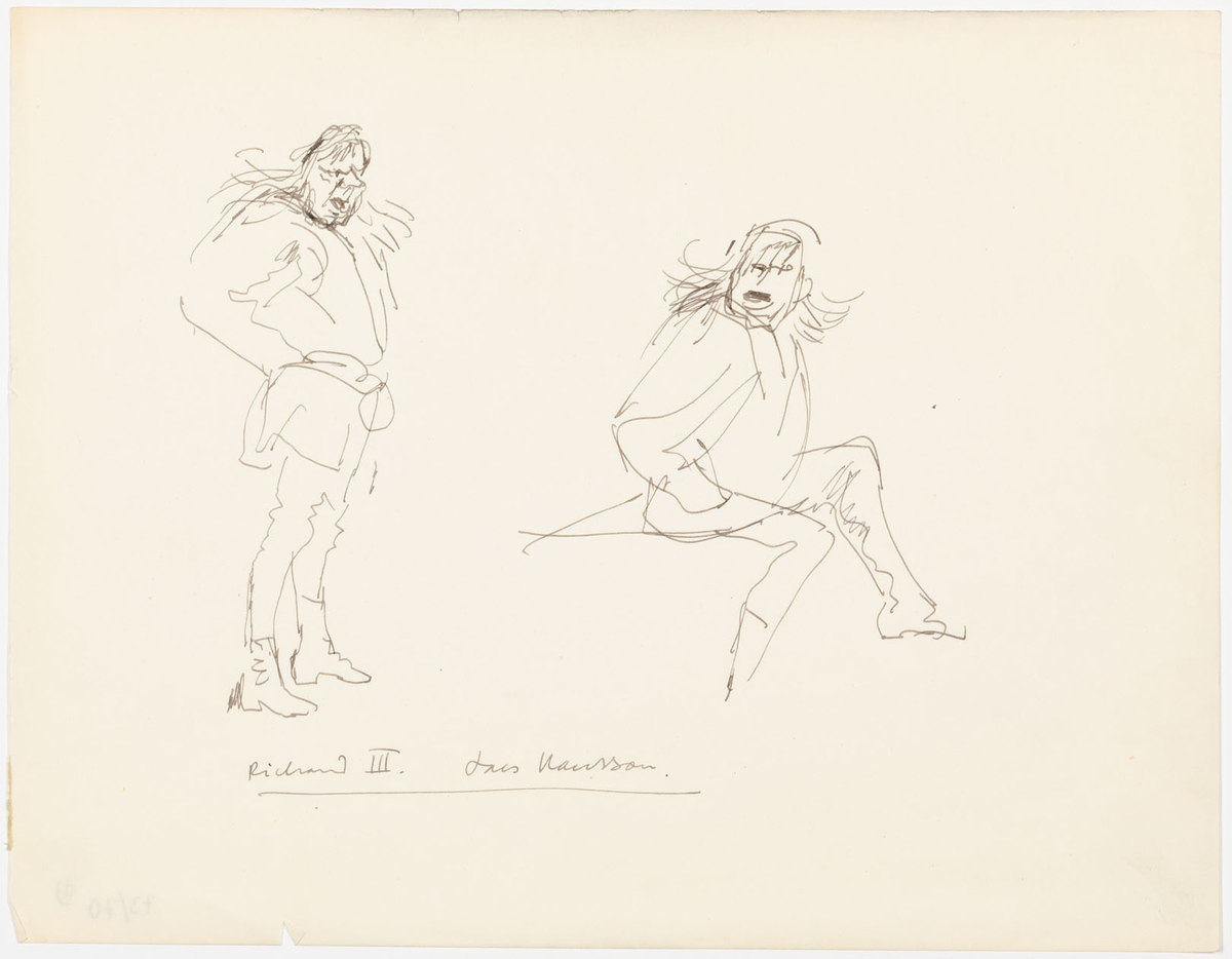 Två skisser av samme man i helfigur - till vänster stående och till höger sittande.
