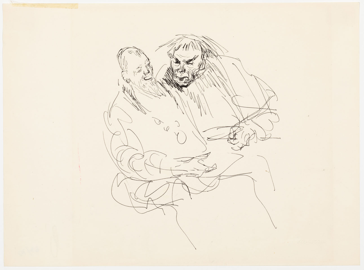 Två sittande män i samtal. De är iklädda renässanskläder.
