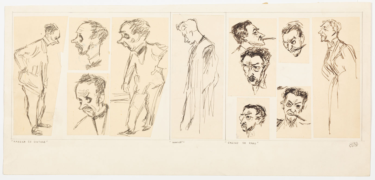 Flera urklipp med skissade studier av manshuvud och helfigurer påklistrade på en större kartong. 