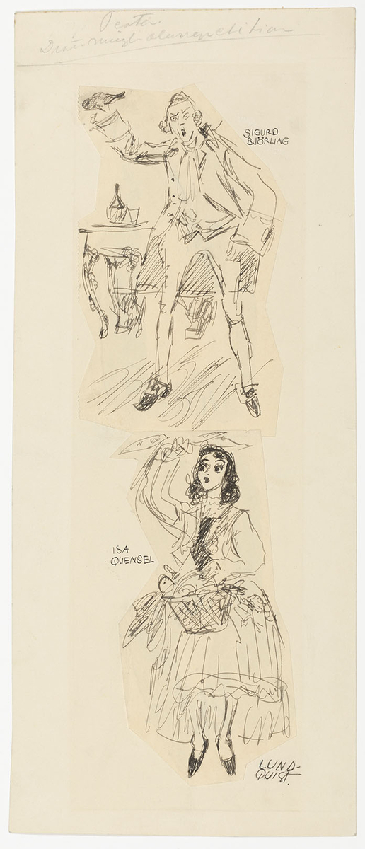 Överst en sjungande man i helfigur iklädd 1700-talsdräkt med en flaska i höger hand. Under honom en kvinna i klänning med vid kjol och korg med blomster i vänster hand.