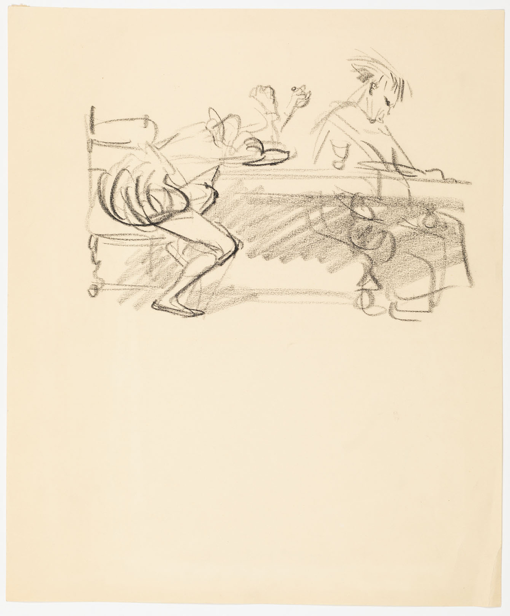 Skiss av två män i renässanskläder sittandes vid ett bord. Mannen till vänster ligger över bordet och gestikulerar med sina underarmar. Mannen till vänster är i profil till höger och har sin blick riktad ner i knät.
