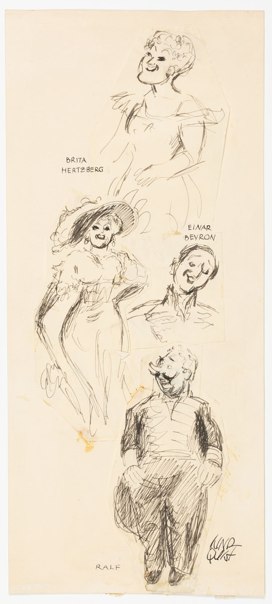 Fyra avbildade skådespelare. Längst upp höftbild av sittande kvinna i aftonklänning och långa handskar. Nedanför, en kvinna avbildad framifrån i promenaddräkt och stor hatt. I höger hand har hon ett hopfällt parasoll. Till höger en bystbild av en man i uniform. Under honom en äldre man avbildad framifrån, även han uniformsklädd, med mustasch och monokel.