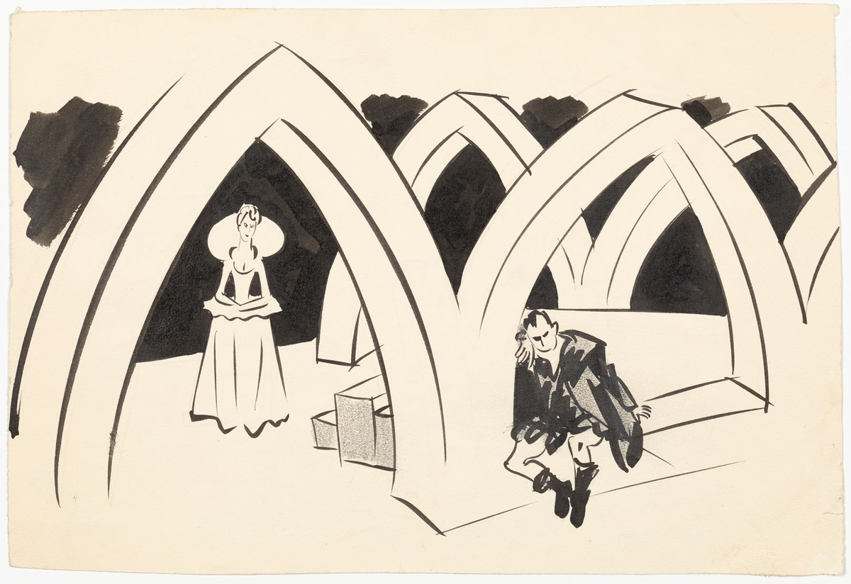 Scen med flertalet spetsvalv i avskalad stil. Till vänster en kvinna klädd i renässansdräkt med vertugall och stor stärkt krage. Till höger en man sittandes i ett av valven. Han bär renässansdräkt med överrock.