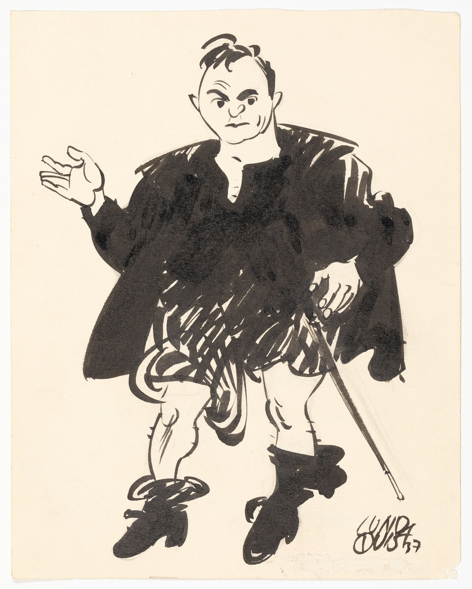 Man i helfigur avbildad framifrån. Han är iklädd renässansdräkt med skjorta, puffbyxor, nedhasade hosor och rock med breda slag. I bältet hänger en värja.