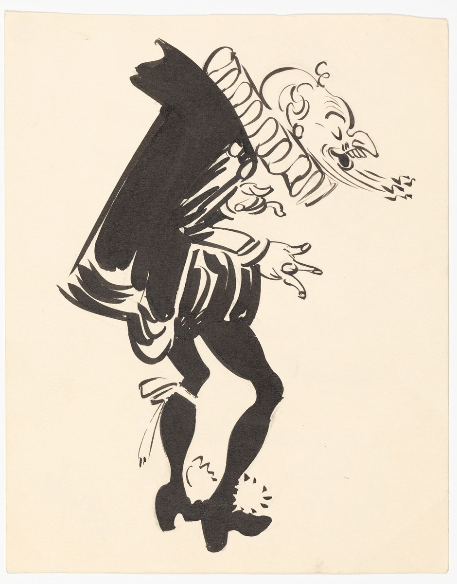 Äldre man avbildad i helfigur och profil åt höger. Han är iklädd renässansdräkt med hosor, korta puffbyxor, doublet-tröja, mantel och pipkrage. På fötterna bär han skor med klack.