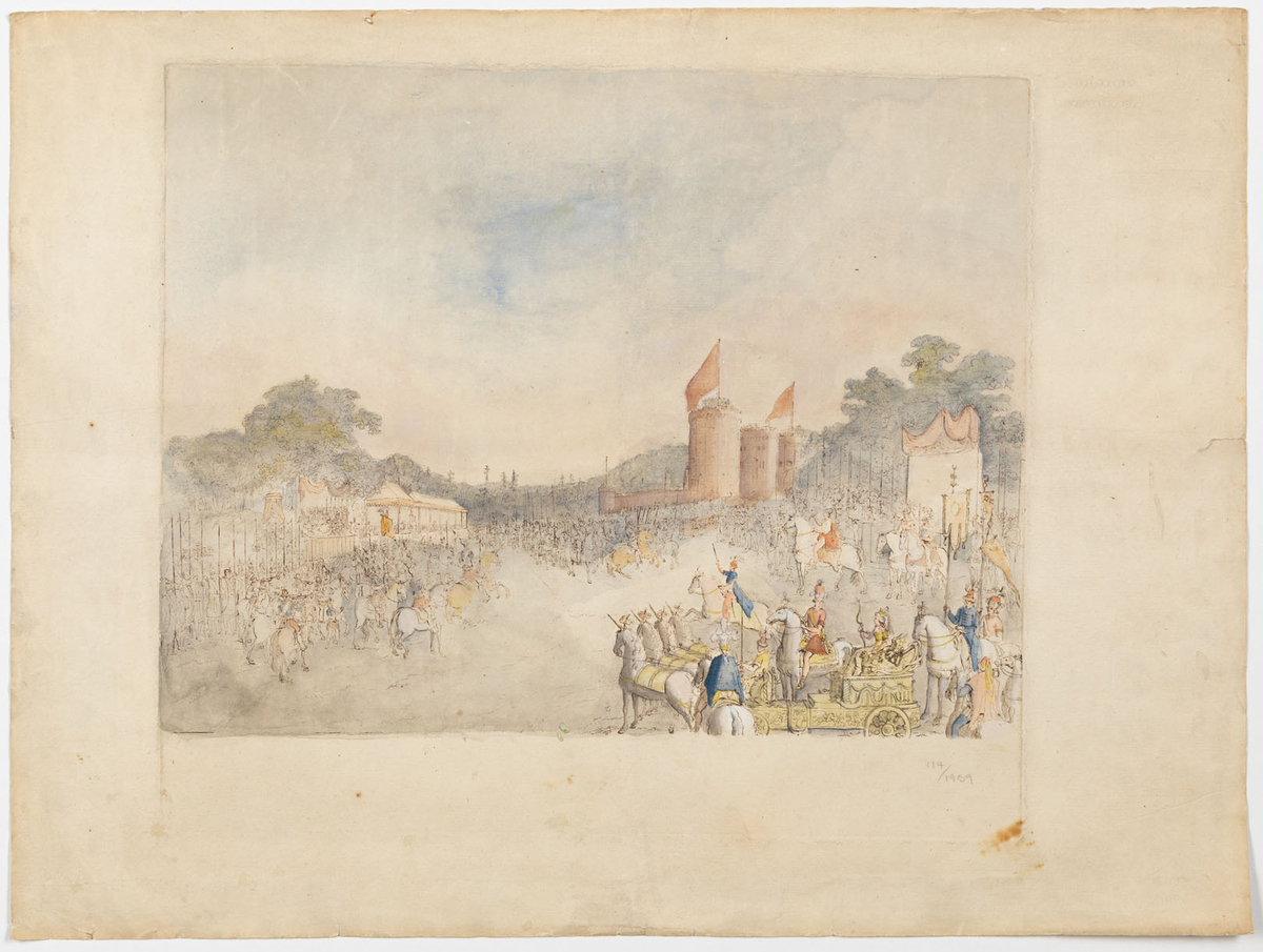 Karusellscen med fyrspann och härolder i förgrunden, i fonden bom och lövskog. Föreställer karusellen på Drottningholm 1786.
