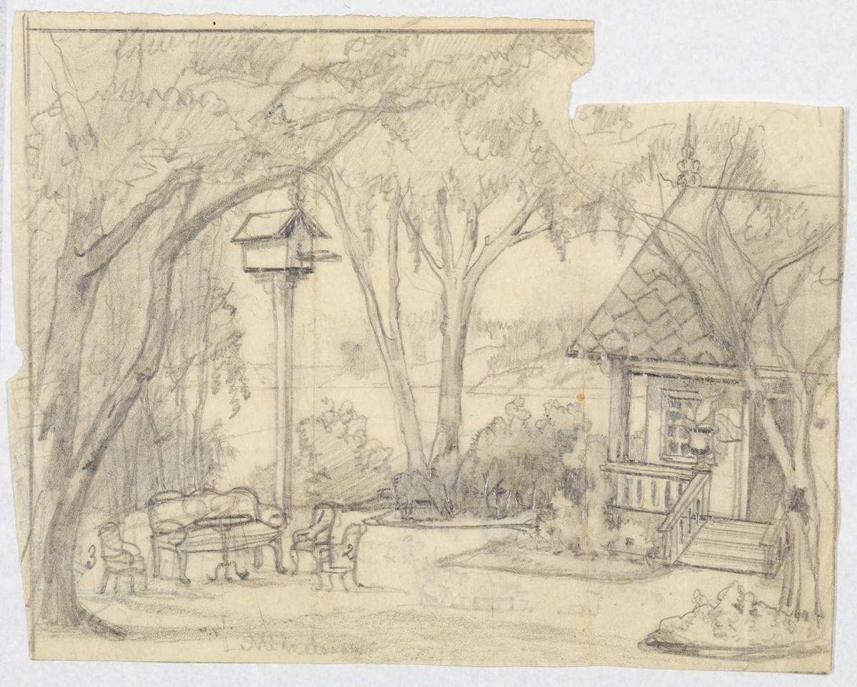 Hus med veranda, till vänster ett träd, bord, soffa och stolar. I bakgrunden sjö. På baksidan två dekorationsplaner till rum samt påskrift
