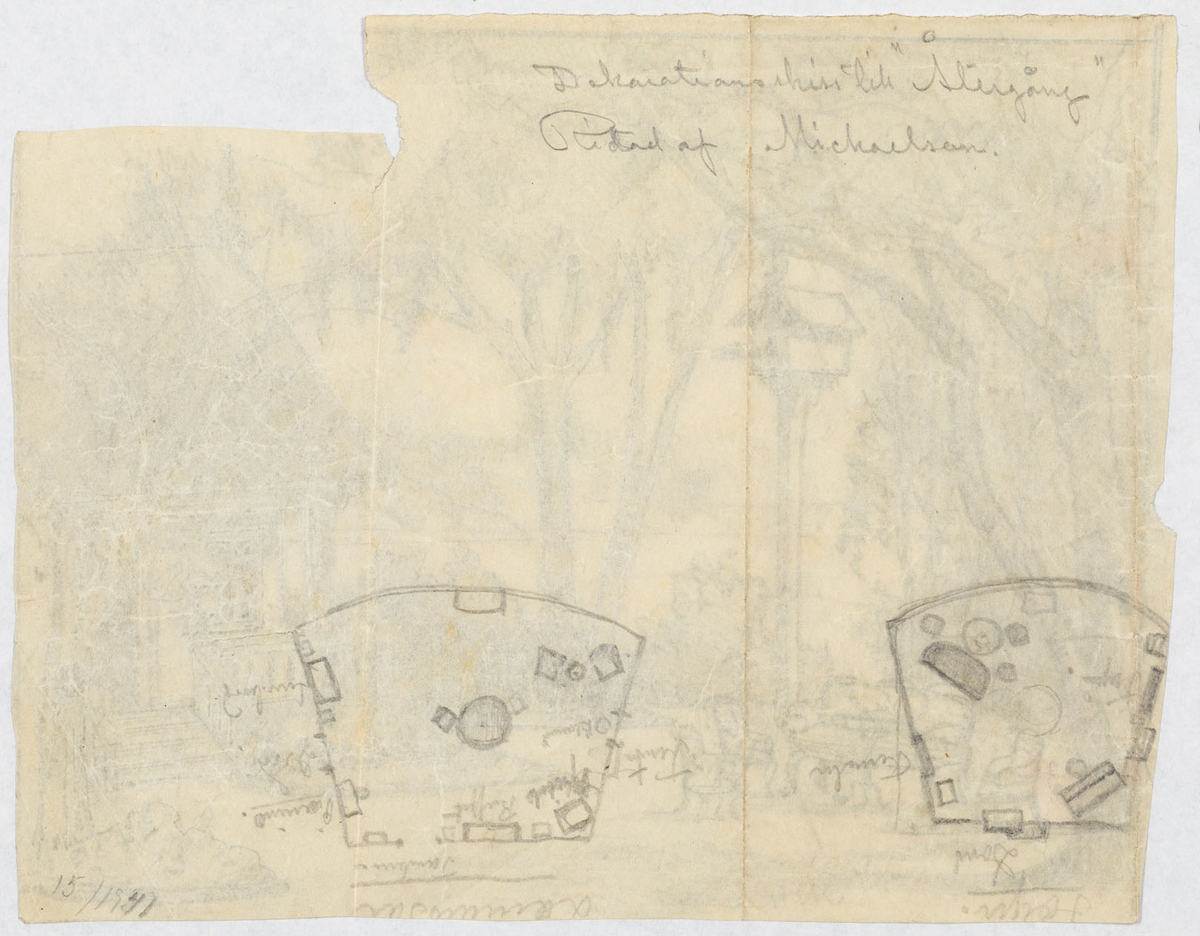 Hus med veranda, till vänster ett träd, bord, soffa och stolar. I bakgrunden sjö. På baksidan två dekorationsplaner till rum samt påskrift
