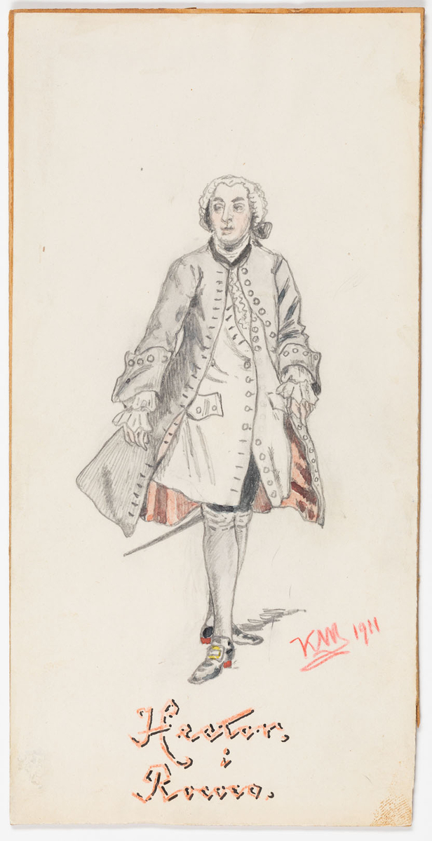 Kostymen i gråskala med rockfoder i rosa.
