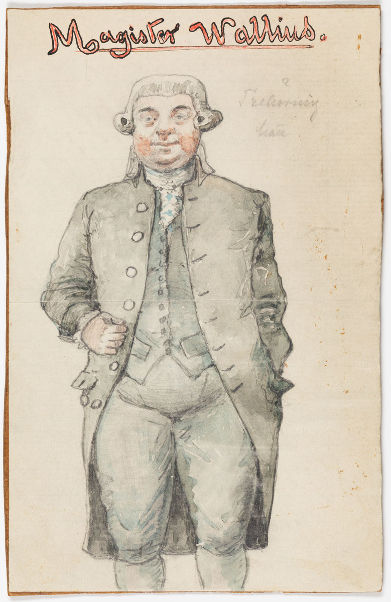 Man i 1700-tals dräkt med lång grå jacka, väst och byxor, vit krage och vit peruk.
