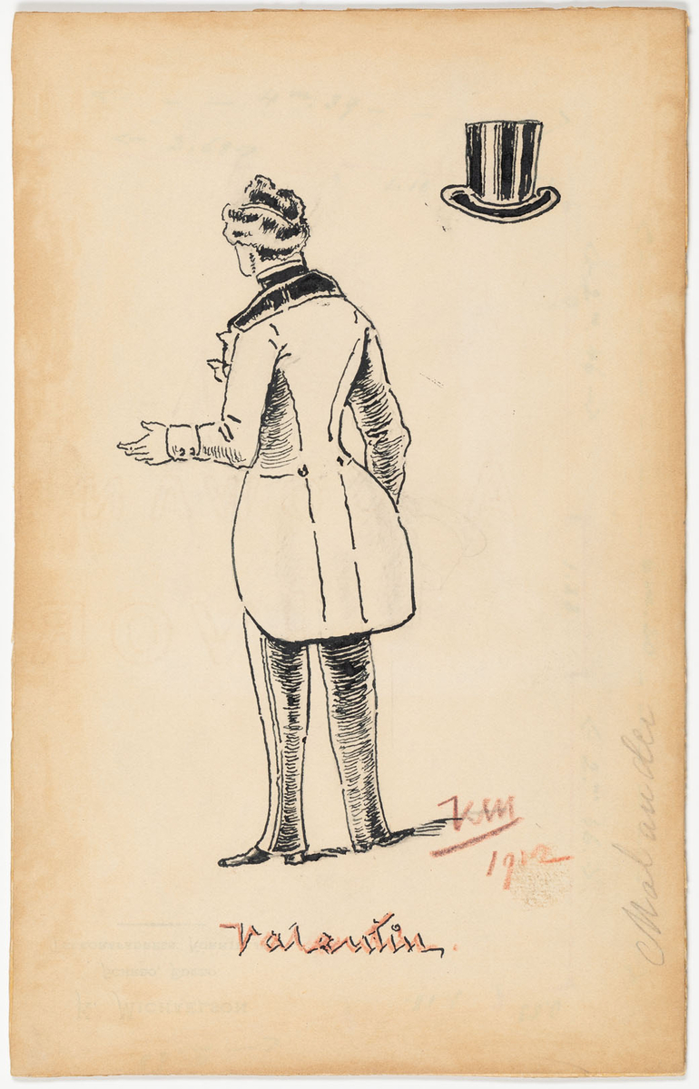 Man tecknad bakifrån i smala byxor med revärer, frack med avvikande krage. Hög hatt ritad vid sidan om figuren.
