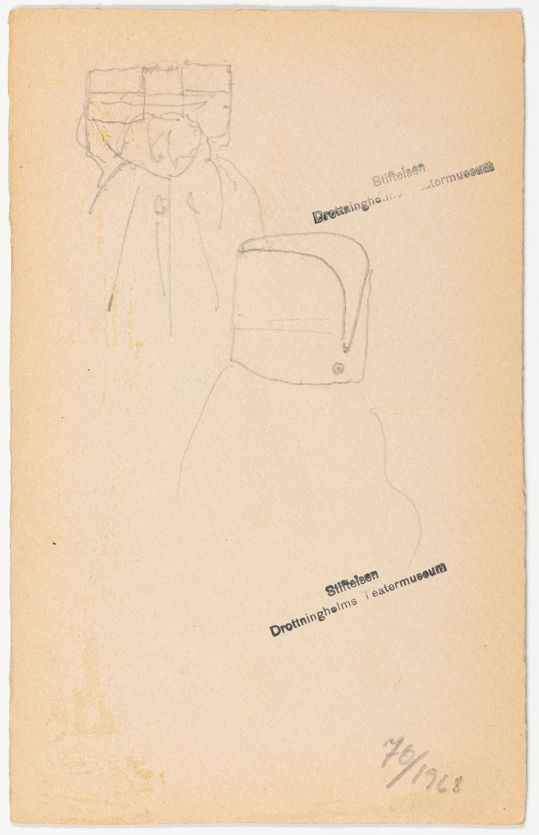 Man tecknad bakifrån i smala byxor med revärer, frack med avvikande krage. Hög hatt ritad vid sidan om figuren.
