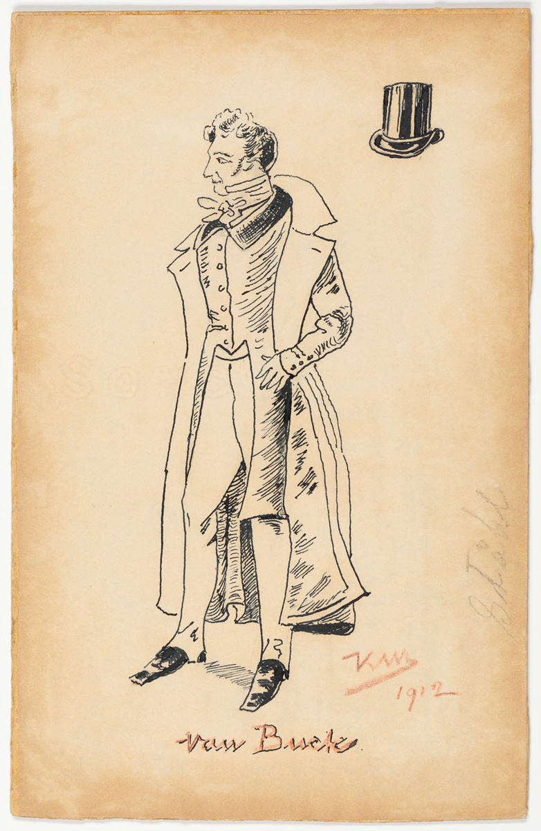 Kostym från omkring 1920. Lång rock, lång väst eller frack. Smala byxor med hällor under skorna. Hög hatt. (Hatten ritad till höger om figurens huvud)
