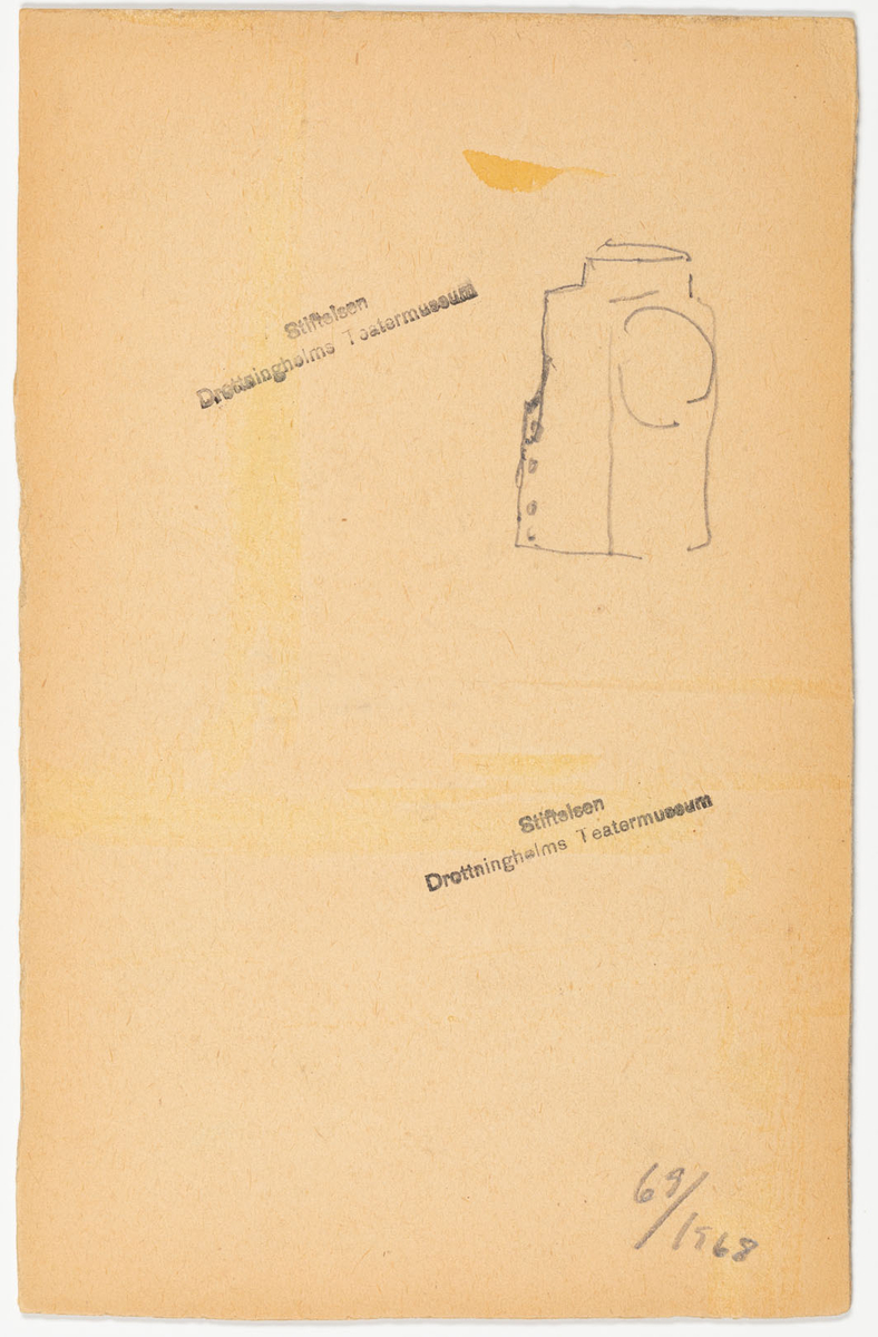 Kostym från omkring 1920. Lång rock, lång väst eller frack. Smala byxor med hällor under skorna. Hög hatt. (Hatten ritad till höger om figurens huvud)
