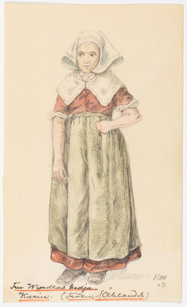 Bondekvinna. Brun klänning, grönt långt förkläde, Stor vit krage, vitt huckle.
