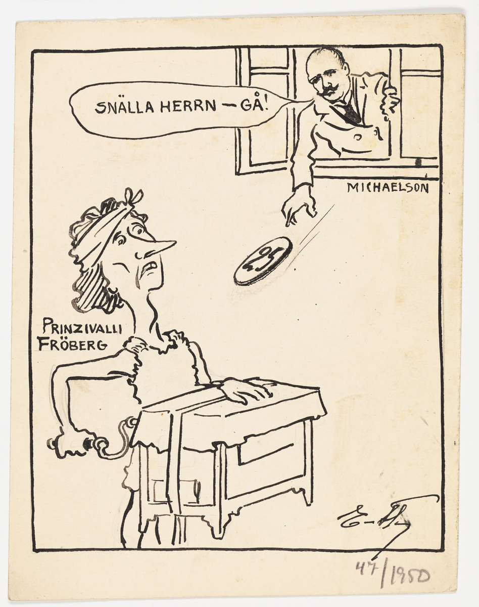 Till vänster man iklädd tunika av päls och tygstycke knutet kring huvudet. Han spelar på ett positiv. I höger hörn en man som tittar ut från ett fönster och slänger en 25-öring mot mannen under, med uppmaningen "snälla herrn - gå!".
