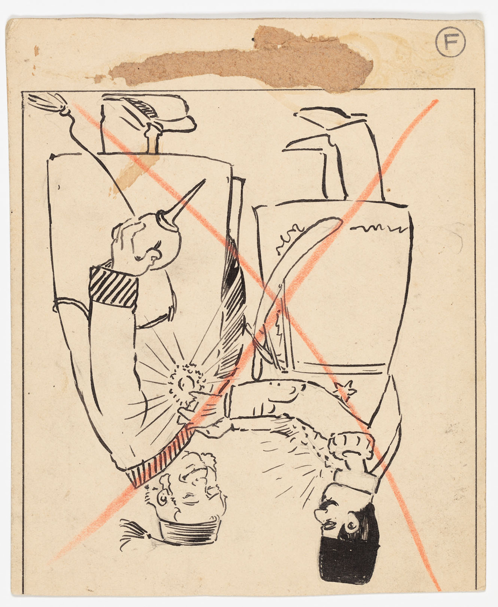 Två män med mustasch klädda i rustning. Den vänstra riddaren utropar "Handsken är kastad" medan den högra böjer sig efter handsken, i vilken ligger en check, samt svarar "Jag skall upptaga den".
