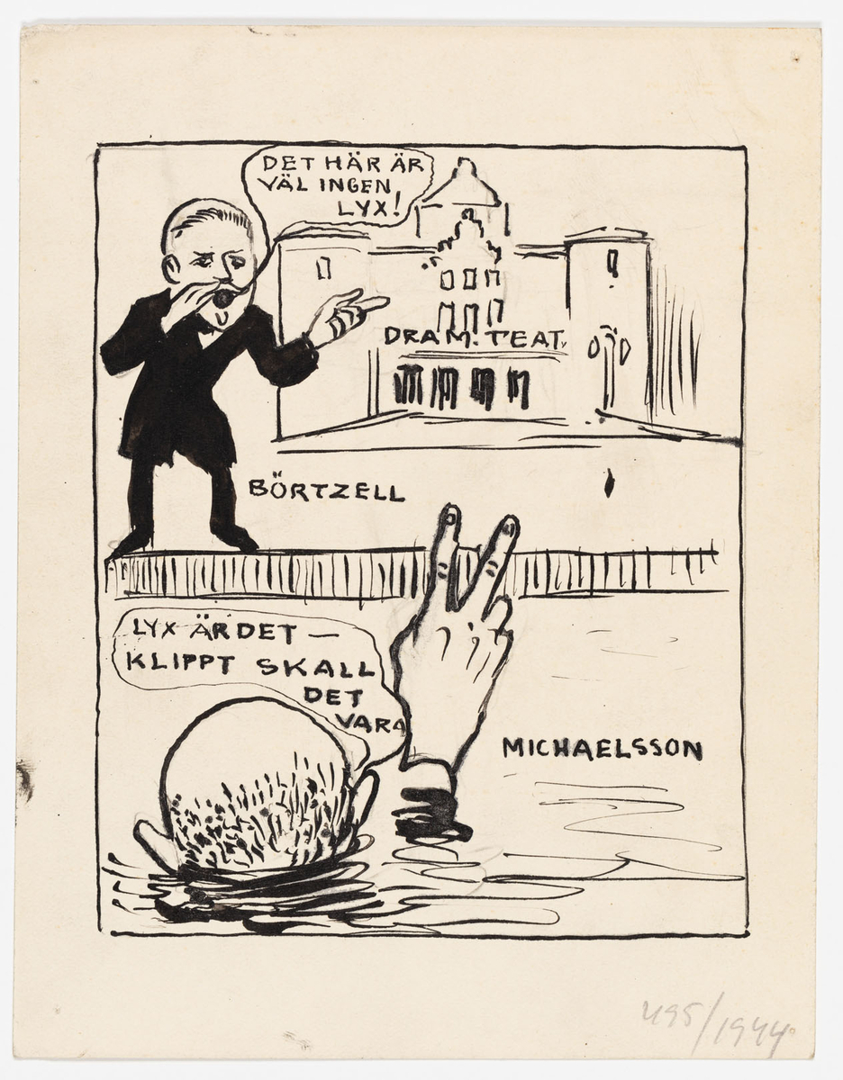 Framför Dramaten står en kostymklädd man och ropar:" Det här är väl ingen lyx!" Ur vattnet sticker en man upp huvud och höger hand och svarar: "Lyx är det-klippt skall det vara".
