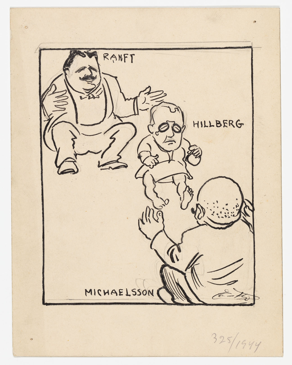 Två män lockar på, alternativt kastar emellan sig, en baby i kolt med pincené.
