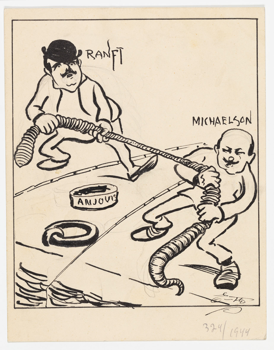 Två män med mustasch på en kaj i dragkamp med en daggmask som rep. På kajen ligger två metspön och en burk märkt ansjovis.
