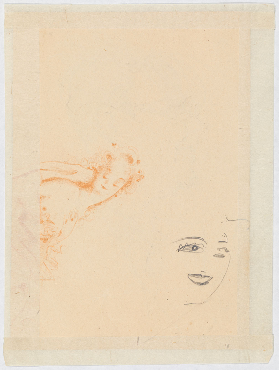 En bröstbild av en man i profil till vänster. Han har spretigt hår och små runda glasögon. På bildens baksida finns en kvinnofigur ritad med röd krita och ett kvinnoansikte i blyerts.
