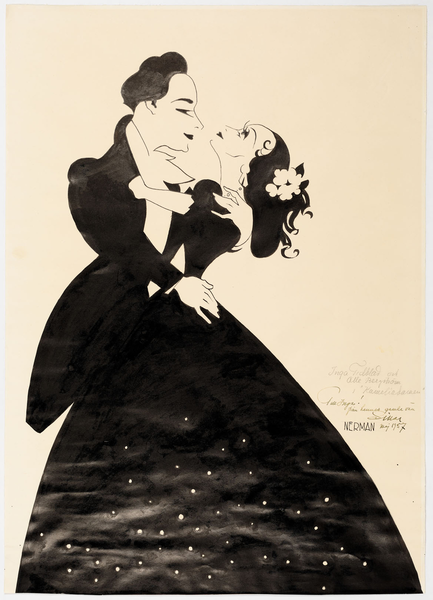 Ett dansande par. Marguerite Gautier - Inga Tidblad är iklädd svart kortärmad aftonklänning, vitprickig nertill på kjolen, och har långt delvis uppsatt mörkt hår. Armand Duval - Olof Bergström är iklädd svart frack och vitt skjortbröst. Även han är mörkhårig.
