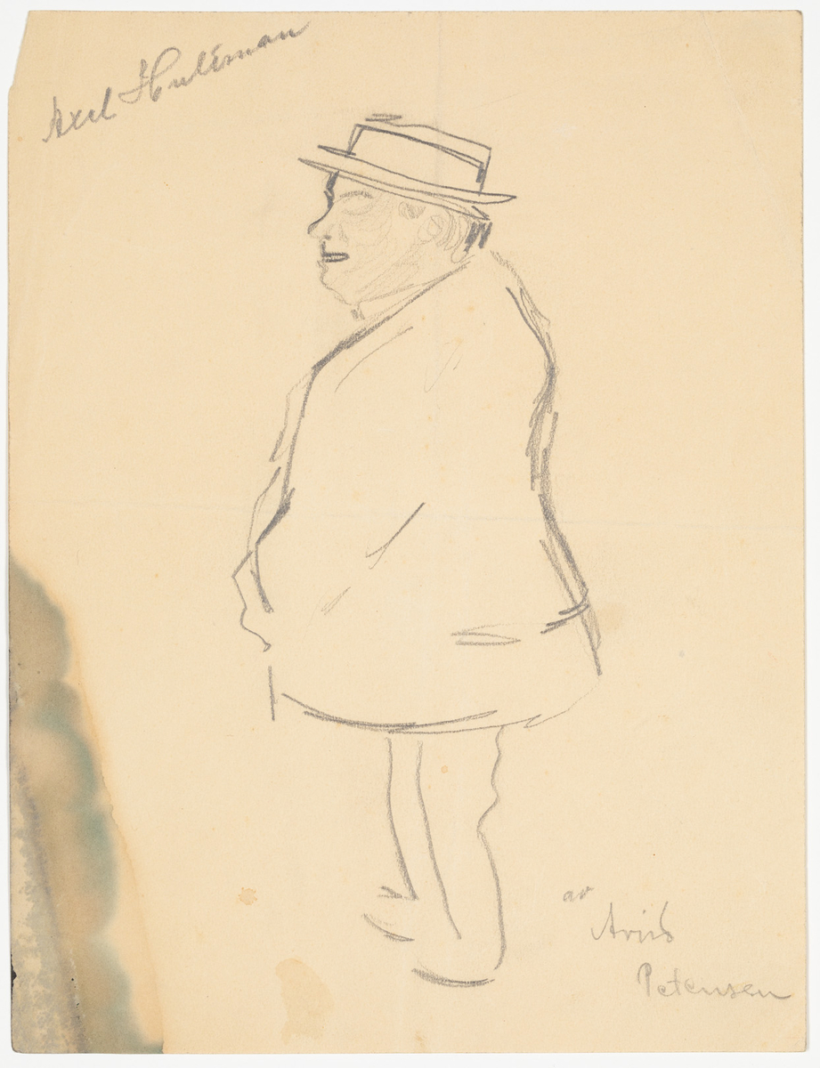 En skissartad man från bakifrån iklädd kavaj och hatt.
