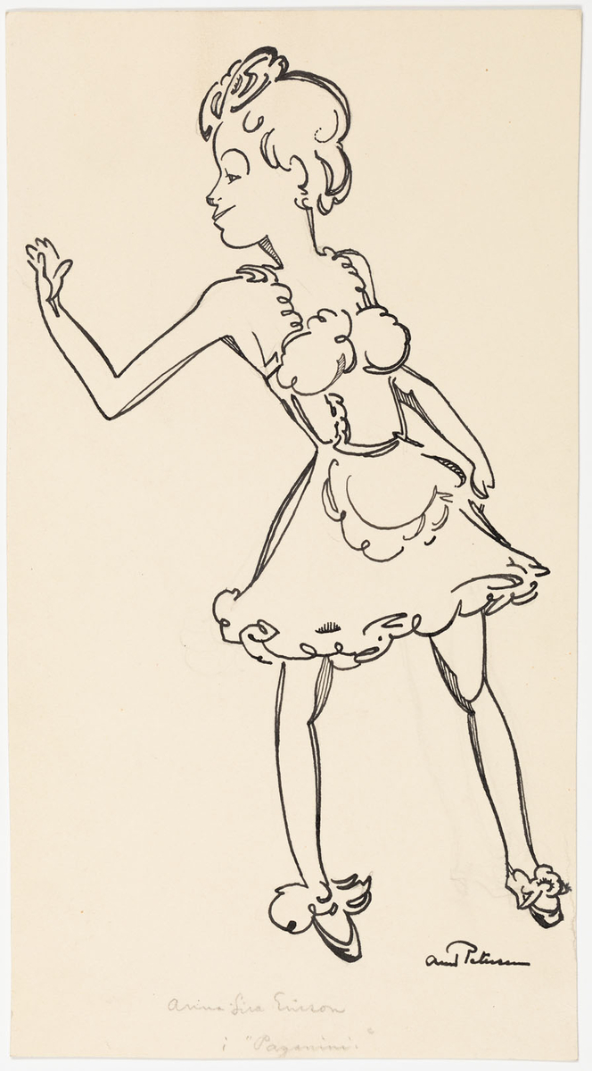 Kvinna avbildad i helfigur med kroppen i halvfigur till höger och huvudet i profil till vänster. Hon är klädd i klänning med smala axelband och vid kort kjol med litet volangprytt förkläde. Hon har kort uppsatt frisyr med en liten huvudbonad framtill mot pannan. På baksidan en påbörjad skiss av man iklädd rock och cylinderhatt.
