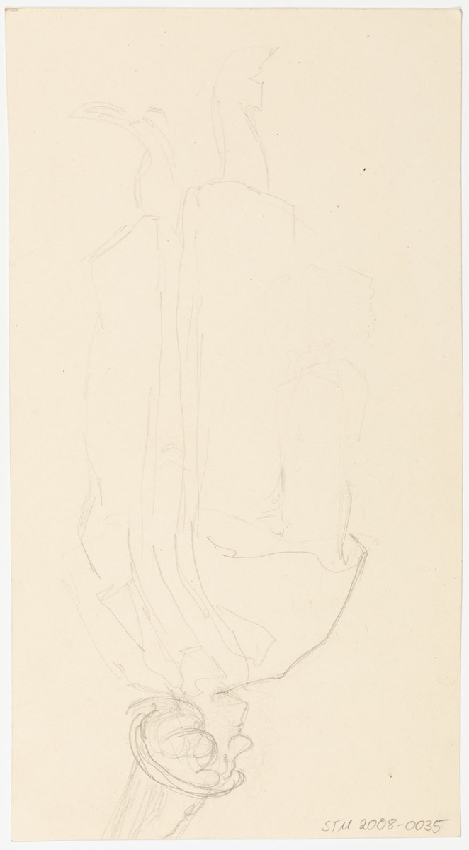 Kvinna avbildad i helfigur med kroppen i halvfigur till höger och huvudet i profil till vänster. Hon är klädd i klänning med smala axelband och vid kort kjol med litet volangprytt förkläde. Hon har kort uppsatt frisyr med en liten huvudbonad framtill mot pannan. På baksidan en påbörjad skiss av man iklädd rock och cylinderhatt.
