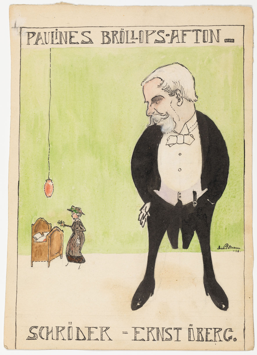 Bilden föreställer en vithårig man med mustasch och skägg klädd i frack. Han tittar åt en kvinna som står vid en utdragssäng ovanför vilken en röd lampa hänger.
