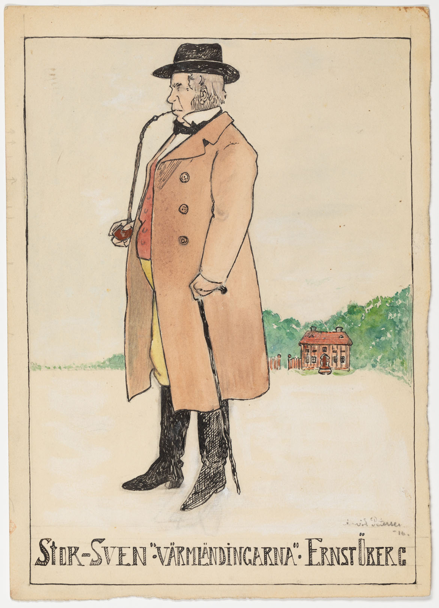 Man avbildad i helfigur och profil till vänster. Han är klädd i brun rock, röd väst, gula byxor och stövlar samt hatt. Han röker en långskaftad pipa och håller i en käpp. Hus och träd i bakgrunden.
