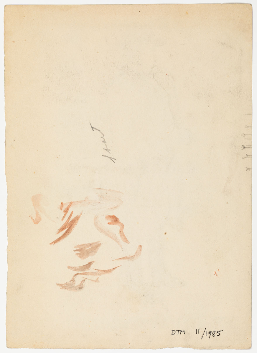 Man avbildad i helfigur och profil till vänster. Han är klädd i brun rock, röd väst, gula byxor och stövlar samt hatt. Han röker en långskaftad pipa och håller i en käpp. Hus och träd i bakgrunden.
