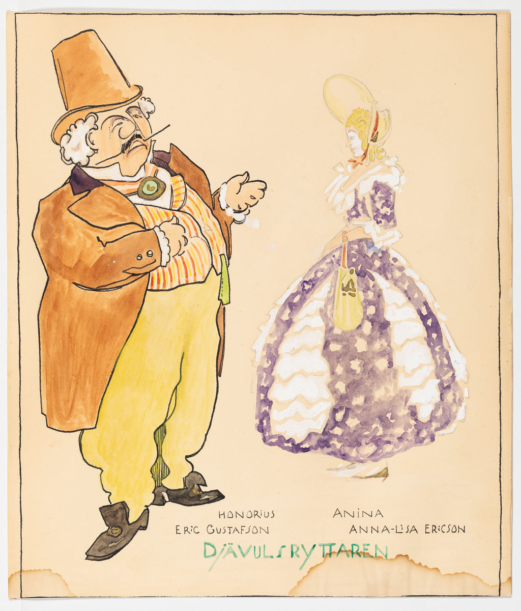 Man och kvinna i helfigur. Mannen har mustasch och vitt lockigt hår. Han är klädd i gula byxor, randig väst, brun rock och hatt. Han har guldmedalj om halsen. Kvinnan är klädd i ankellång klänning i violett och vitt, gul bahytt med rött band knutet under hakan samt gul redikyl.
