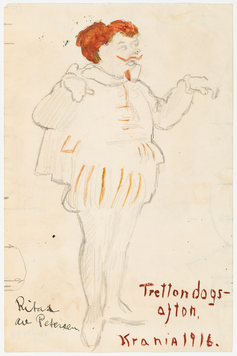 En man avbildad i helfigur med ansiktet till höger. Han är iklädd renässanskostym med trikåer, kortbyxor, doublet-tröja, pipkrage och mantel. Han har pipskägg och mustasch.
